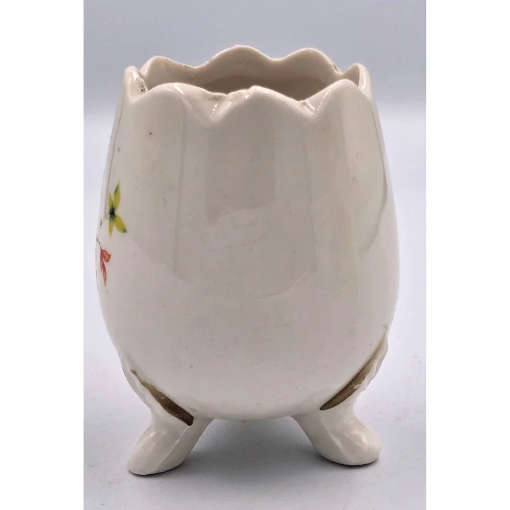 3-Footed Cardinal Ceramic Egg‎ Shaped Scalloped Rim Planter Vase Cup 3